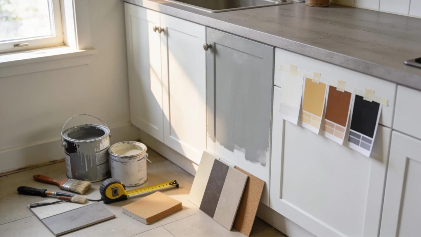 Kitchen remodel with paint swatches and tools, updating cabinetry for affordable renovation.