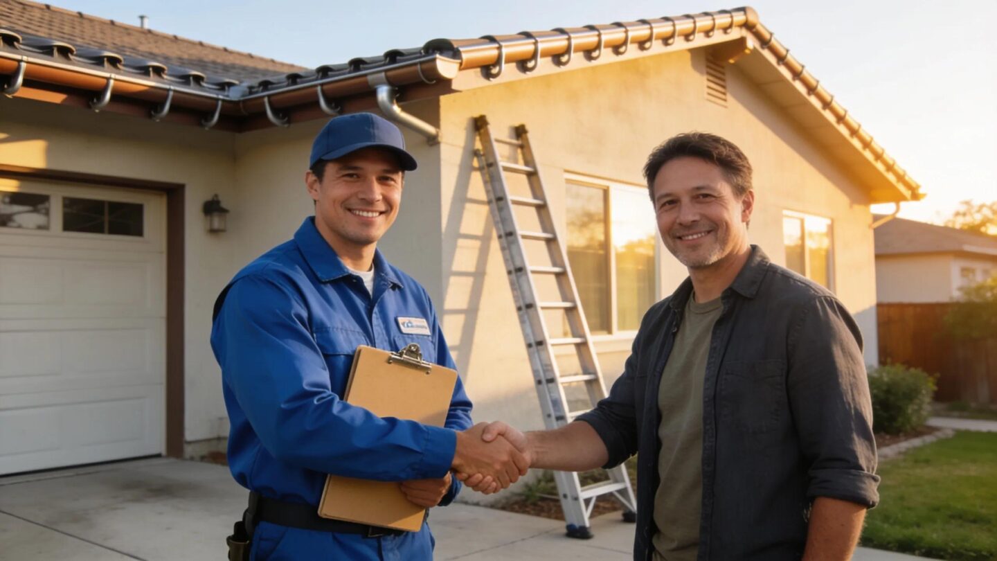 Gutter contractor and homeowner shaking hands, assessing gutter system condition and repair options.