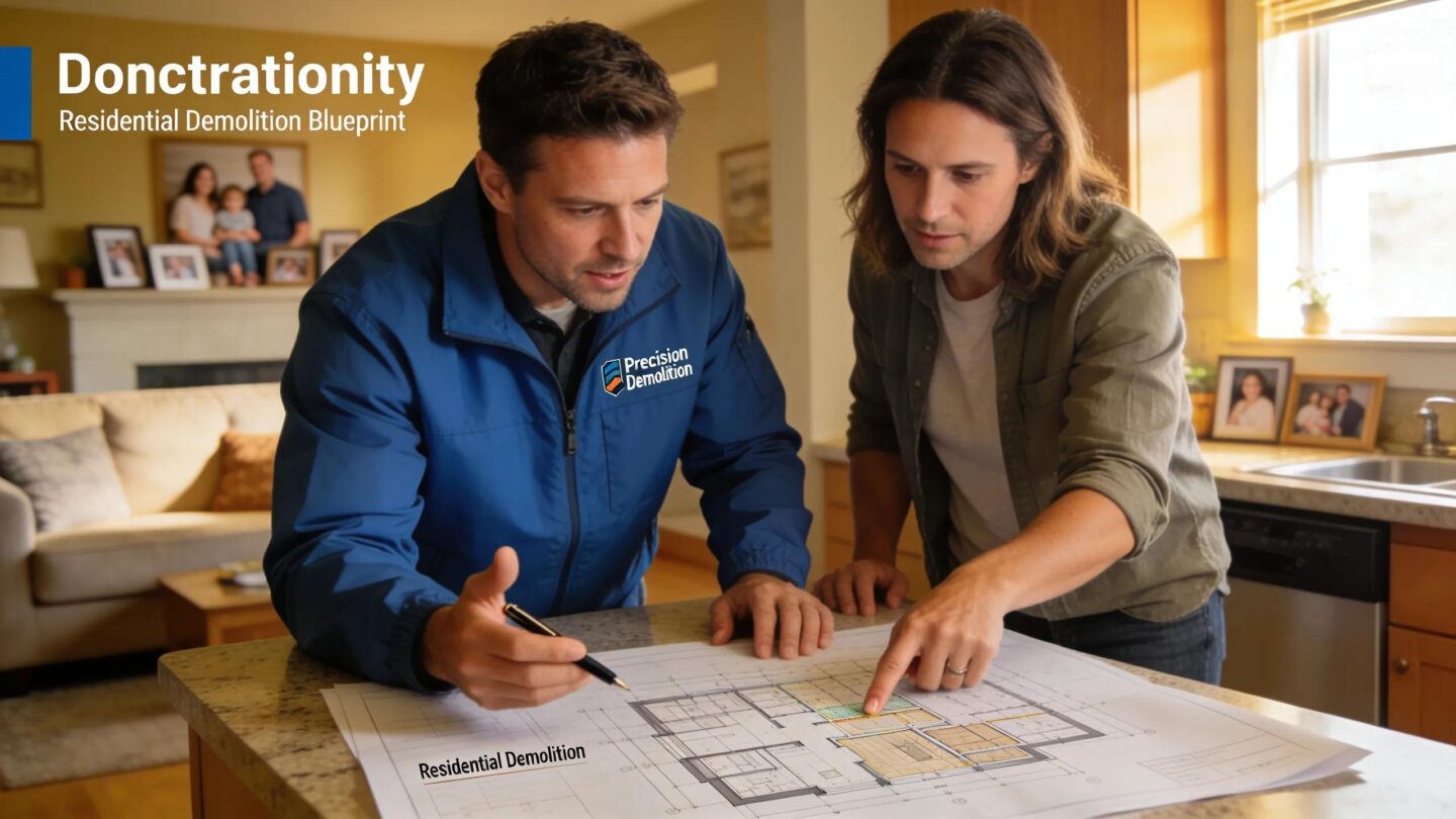 HammerCore Group USA: Residential teardown consultation with homeowners reviewing demolition blueprint.