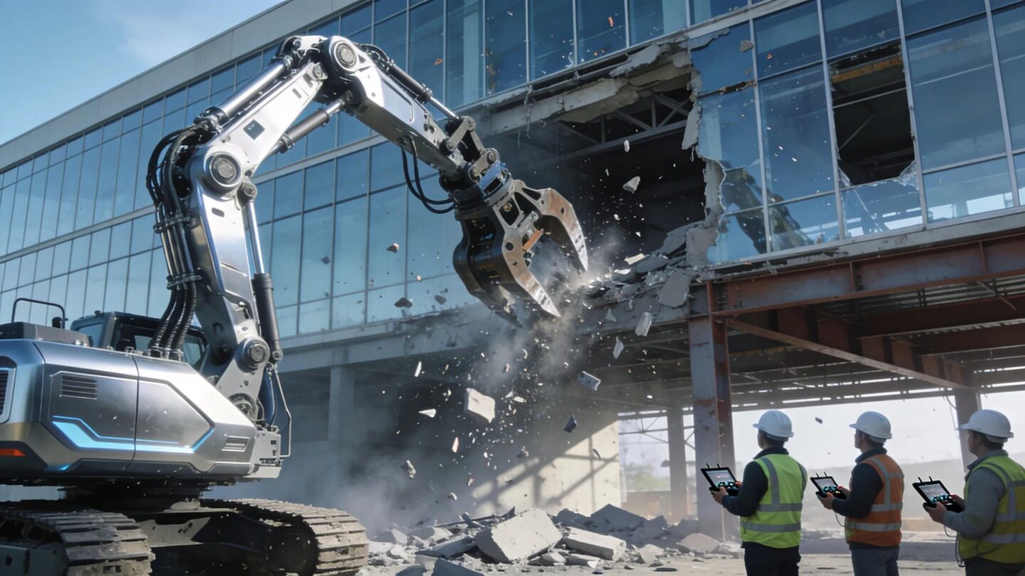 Robotic demolition arm breaking through building facade and debris, commercial demolition project with on-site team.