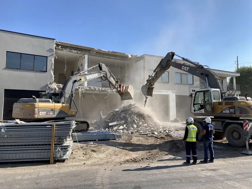CAT excavator demolishing a house during residential teardown, with debris and workers on site.