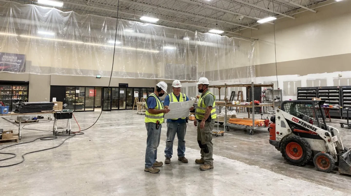 HammerCore Group construction crew reviewing blueprints for window and door installation project.