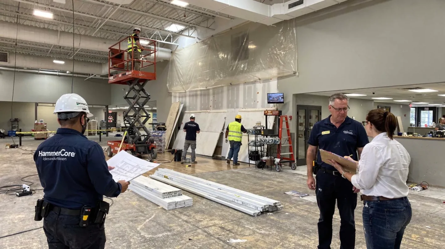 HammerCore Group construction crew and project managers reviewing plans for commercial window and door installation.