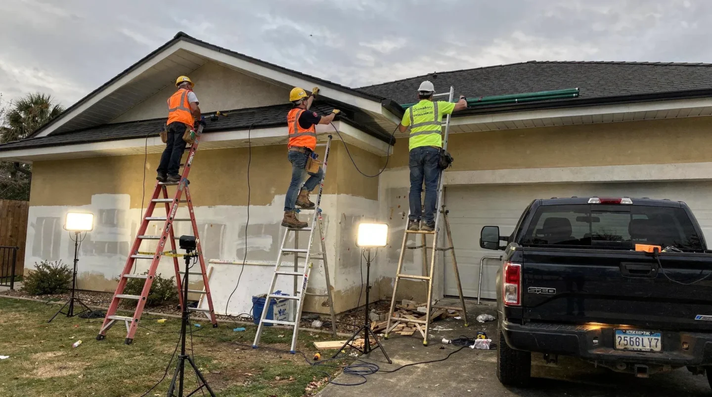 HammerCore Group team repairing sectional gutters and fascia on a residential home.