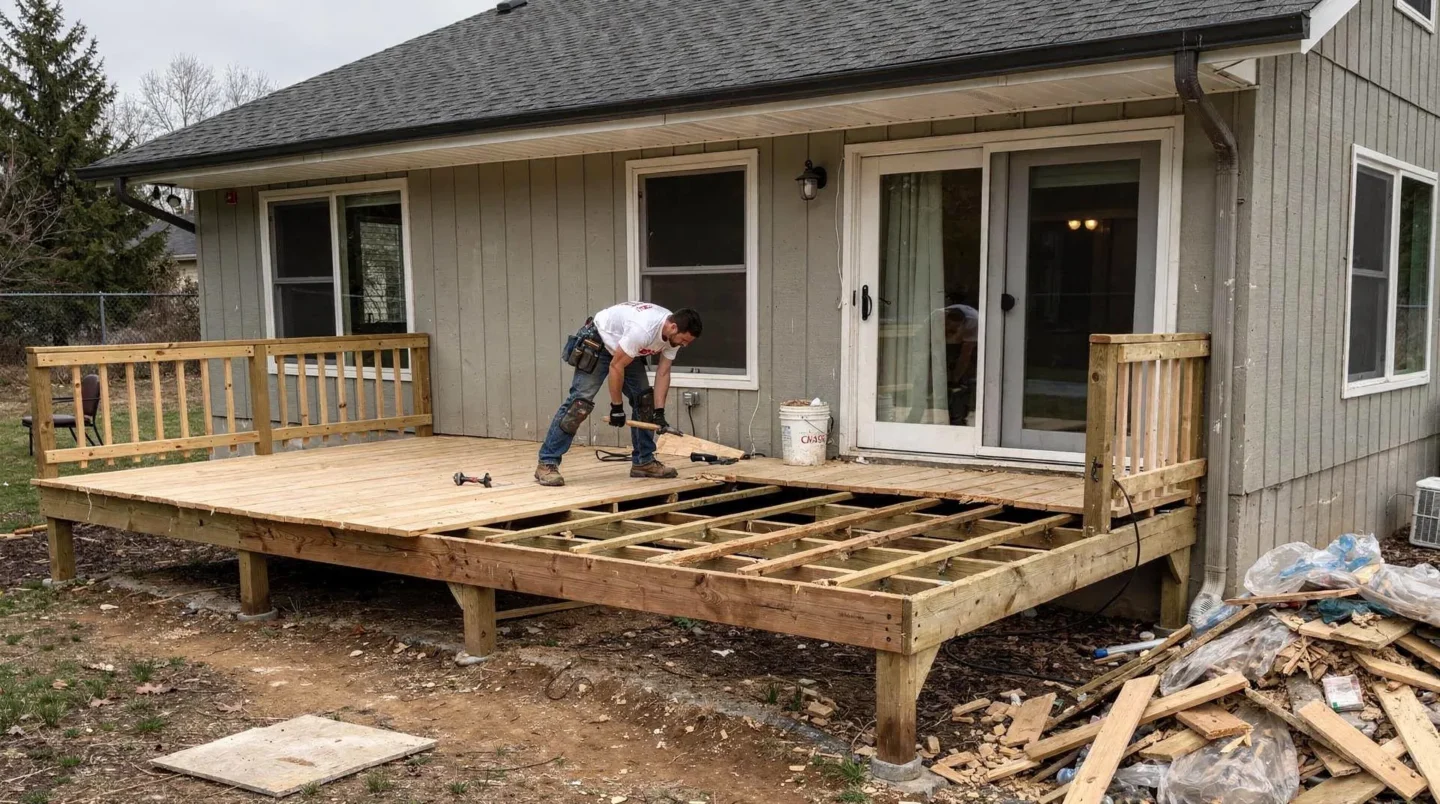 HammerCore Group contractor installing new deck connected to house, demonstrating deck construction process.