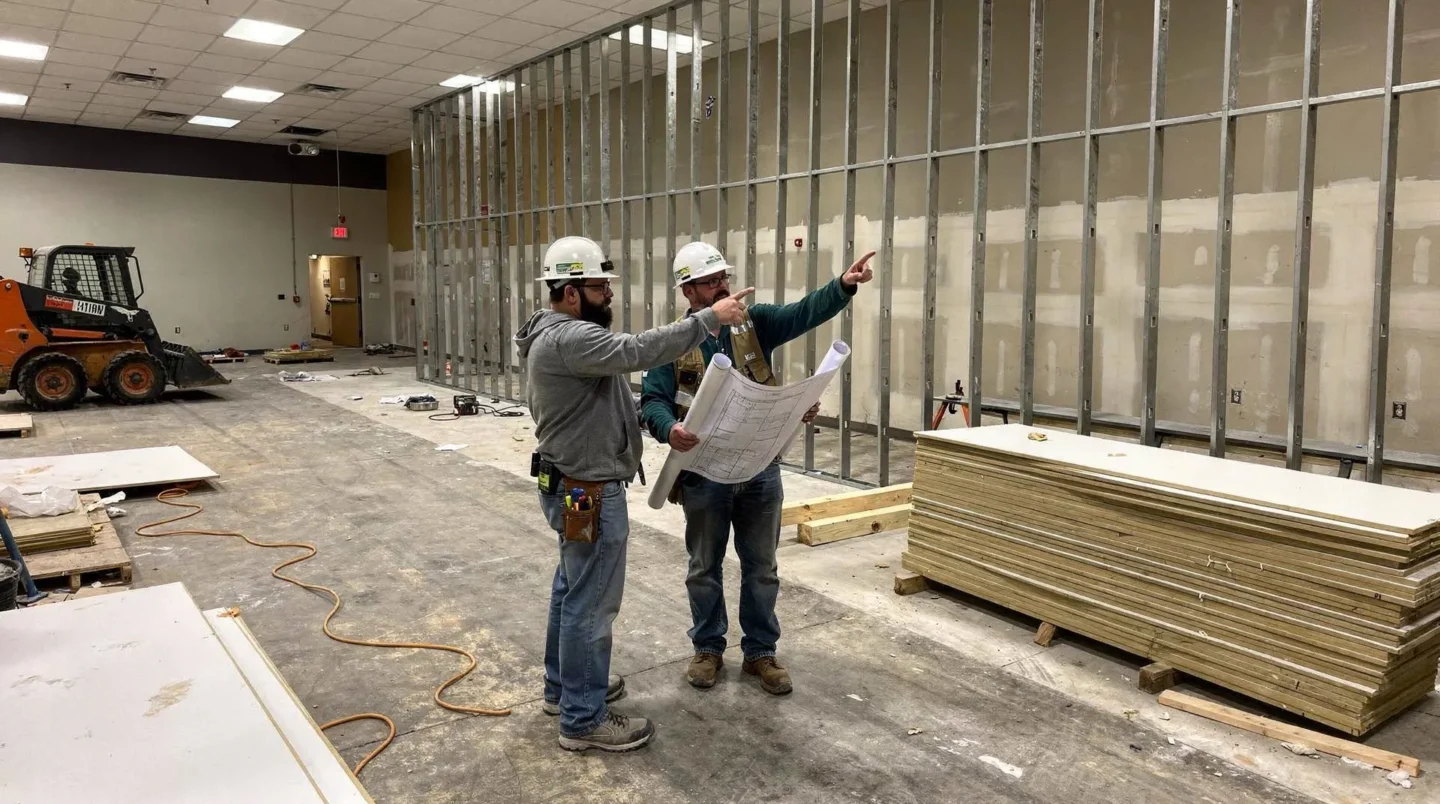 Construction workers reviewing blueprints for rec room build-out and framing.