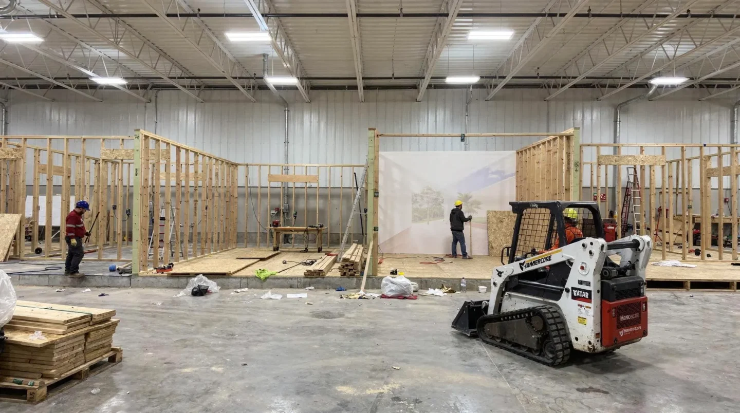 Rec room construction project underway with framing and workers in progress.