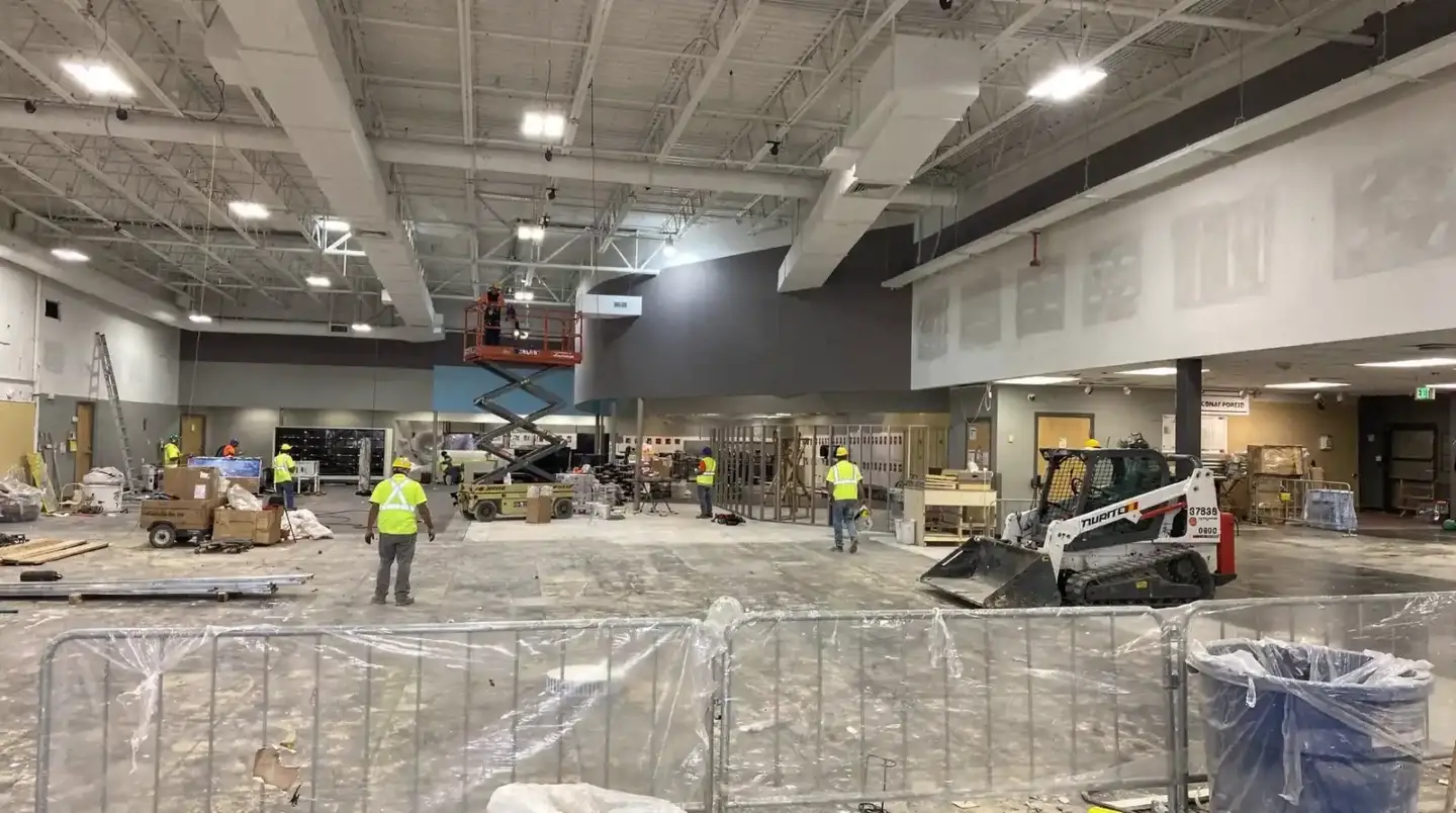 Interior demolition and construction crew in progress, selective demolition and tenant improvement project.