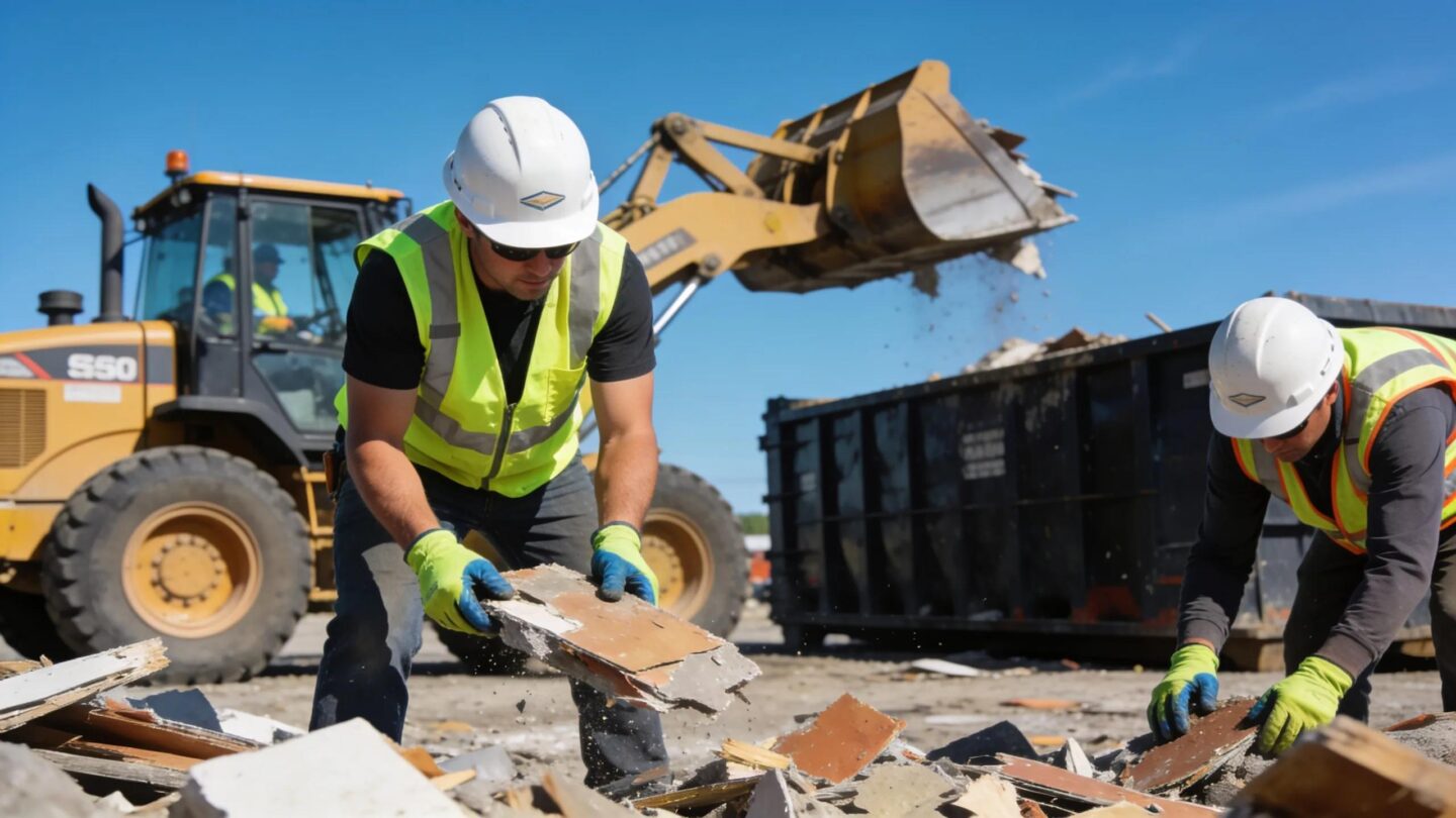 Workers removing debris from a post-demolition site in Wisconsin, highlighting cleanup services and safety.