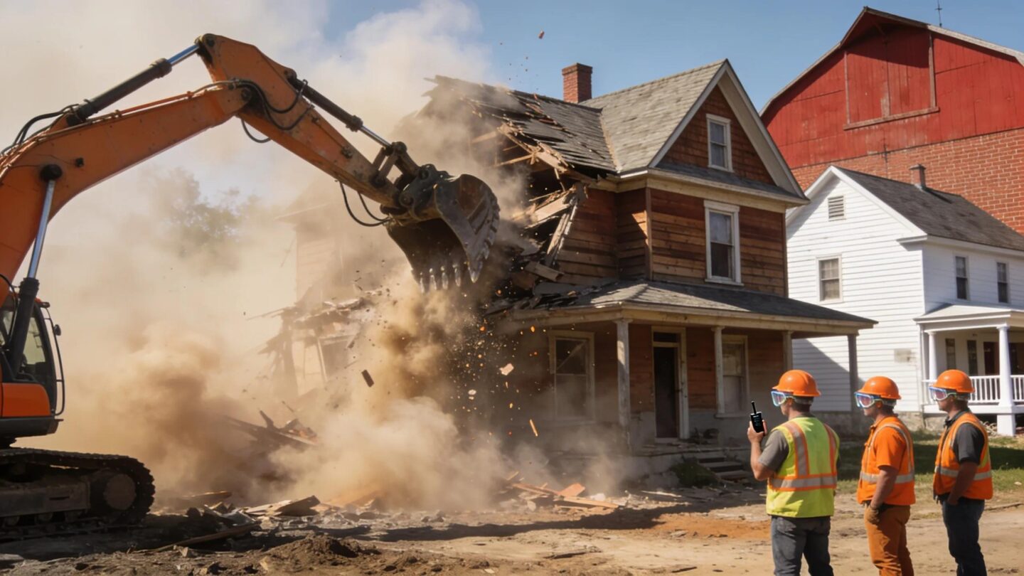 Demolition site in Wisconsin featuring contractors and heavy machinery at work