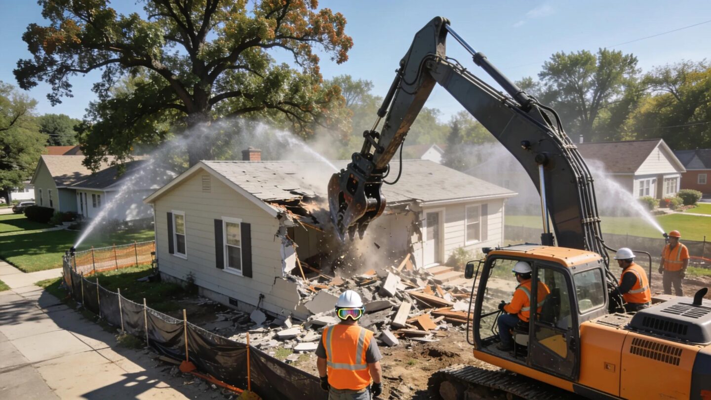 Home demolition in Wisconsin featuring licensed contractors in safety gear operating machinery