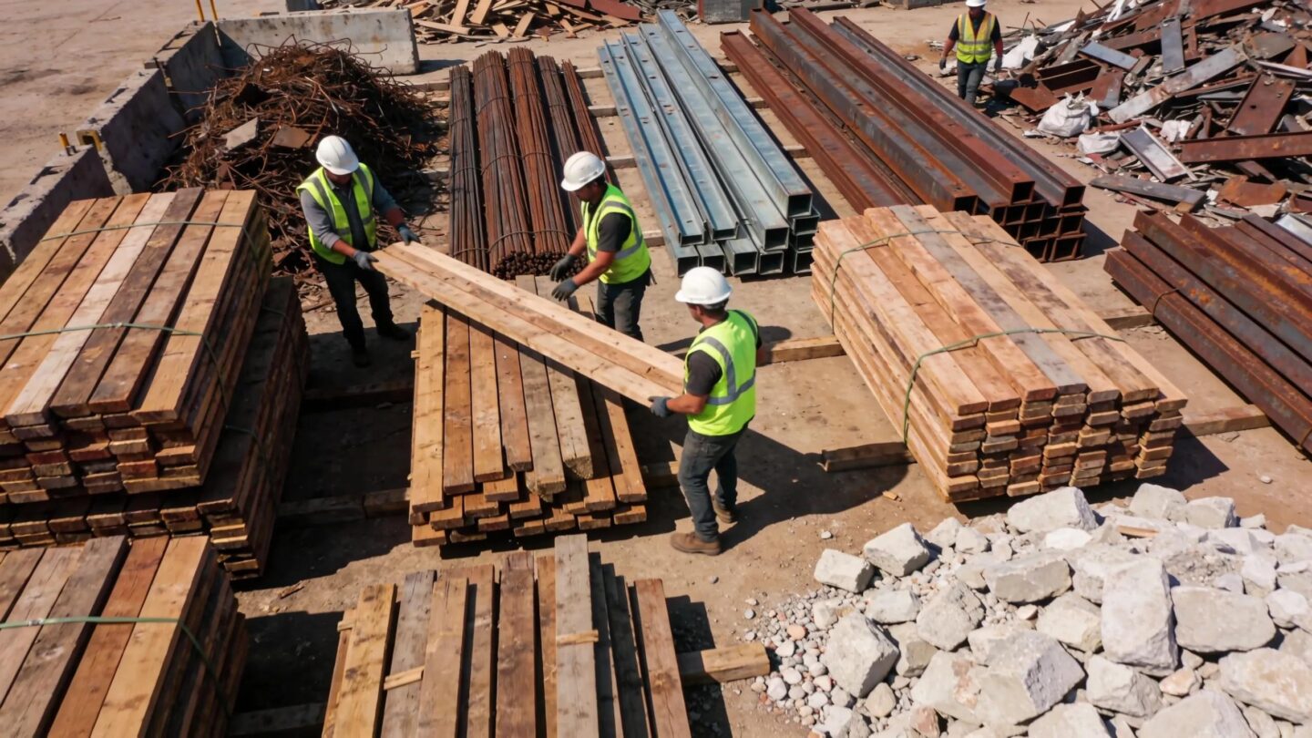 Workers managing debris and recycling materials during demolition cleanup