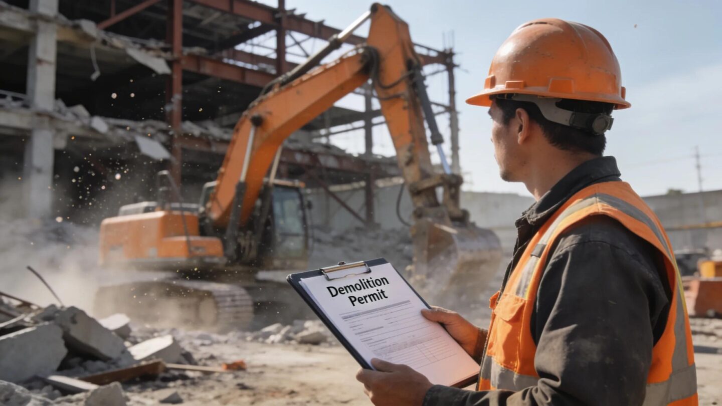 A construction worker reviewing demolition permit documents at a site